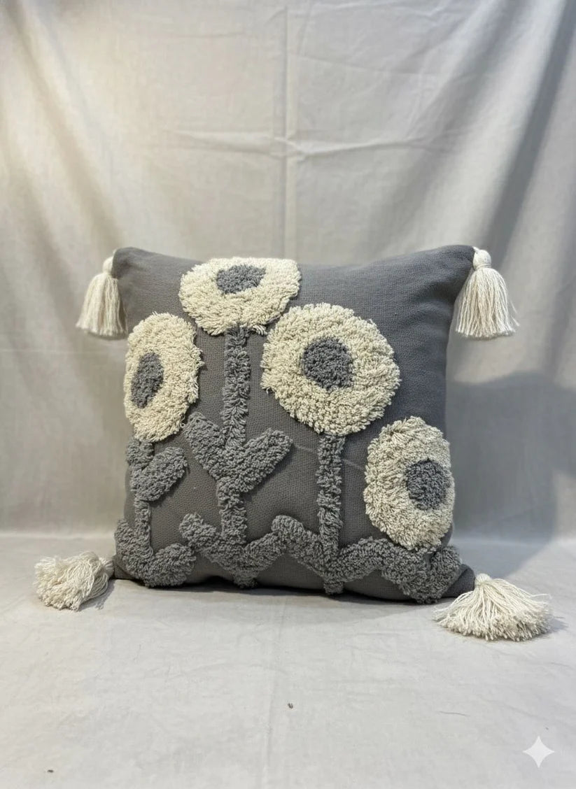 Grey White Sunflower Tufted Cushion Cover