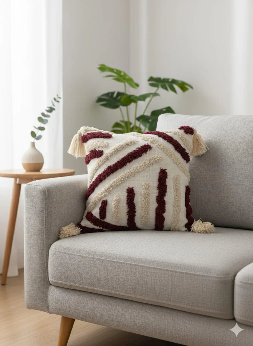 Maroon & White Tufted Cushion Cover