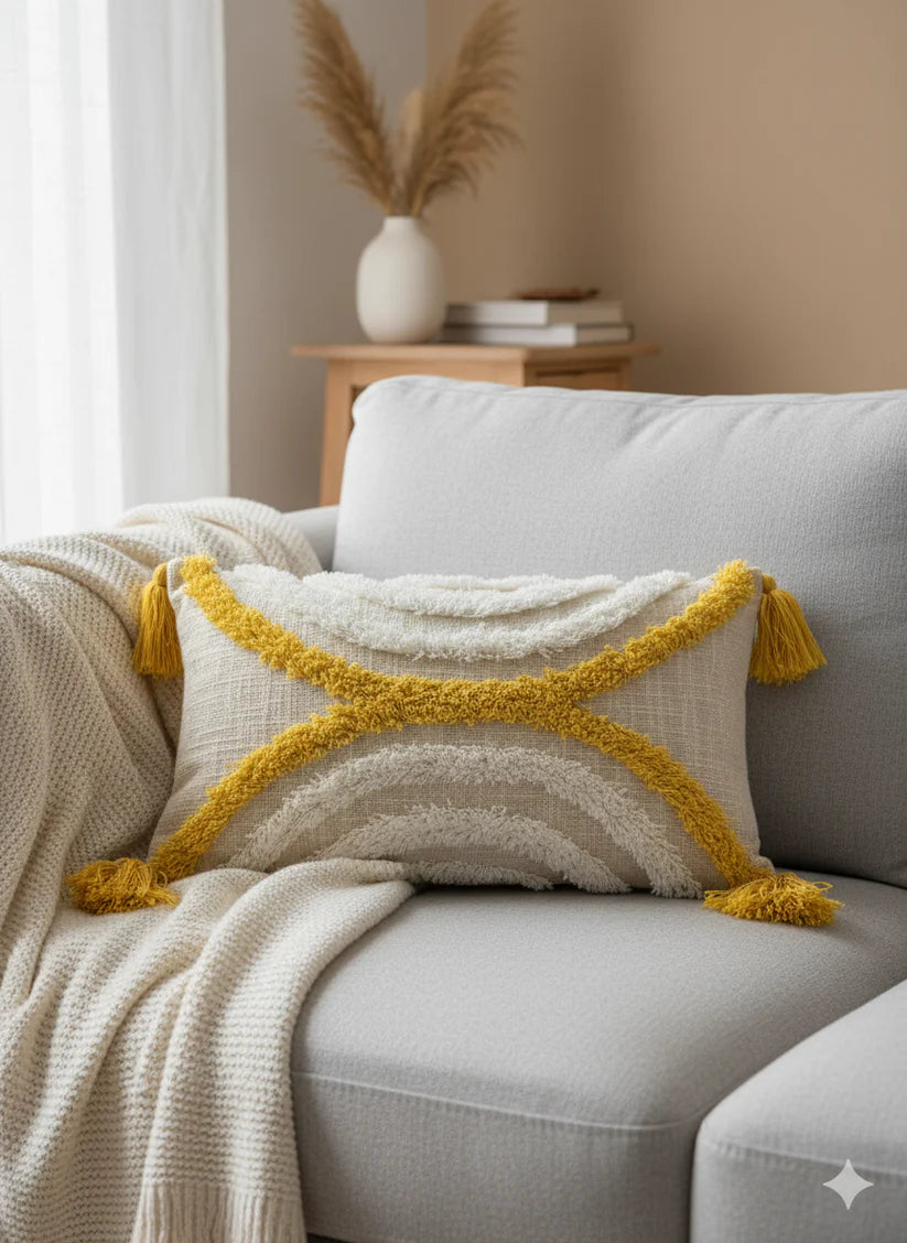 Mustard & White Vertical Tufted Cushion Cover – 12 × 20