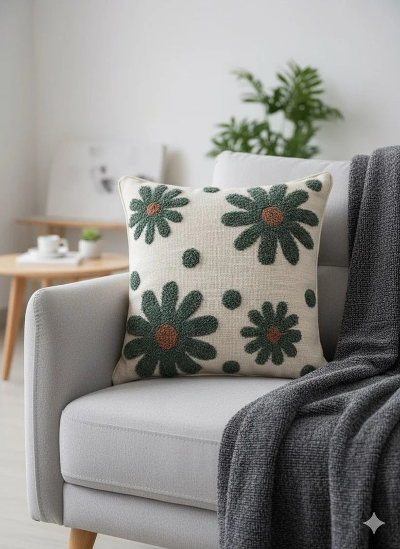 Grey Flower Embroidered Cushion Cover