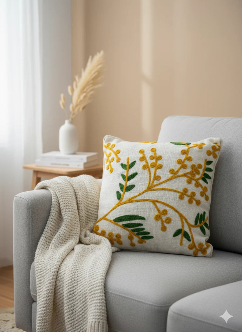 Mustard Green Embroidered Cushion Cover