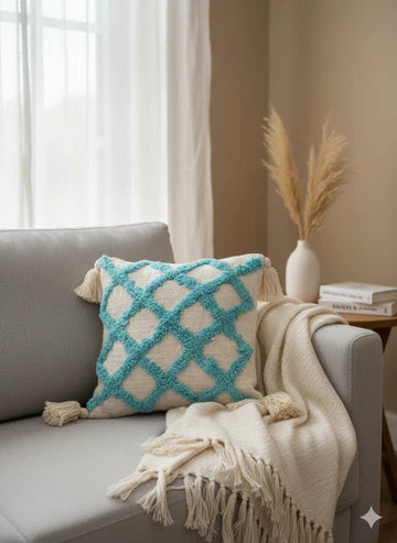 Blue Zigzag Tufted Cushion Cover – 12x12 Inches