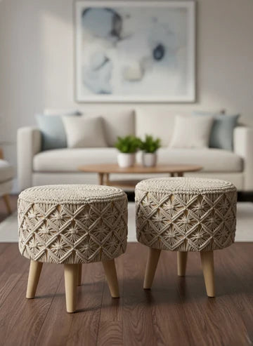 Beige Macrame Ottomans – Pair 16 Inches Height