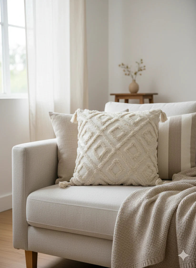 White Tufted Cushion Cover – 24” × 24”