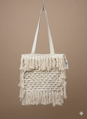 Beige &amp; White Frill Boho Tote Bag