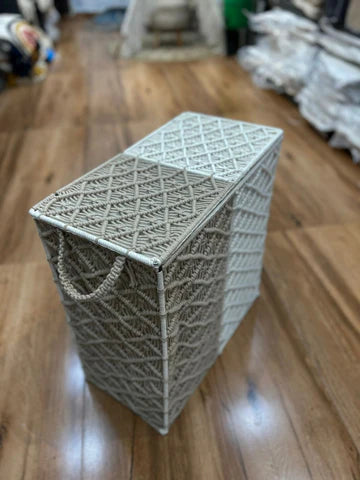 Beige &amp; White Macrame Laundry Basket – 20 × 10 × 20 Inches