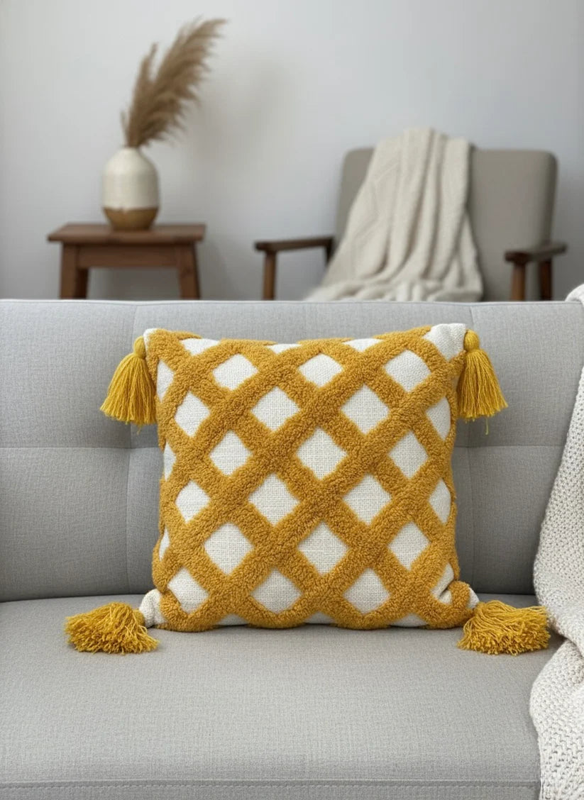 Mustard Cross Tufted Cushion Cover
