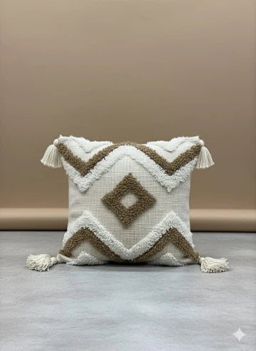 Beige &amp; White Tufted Cushion Cover – 16×16 Inches