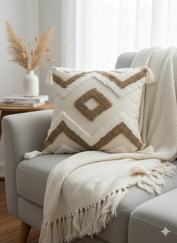 Beige &amp; White Tufted Cushion Cover – 24"x24"