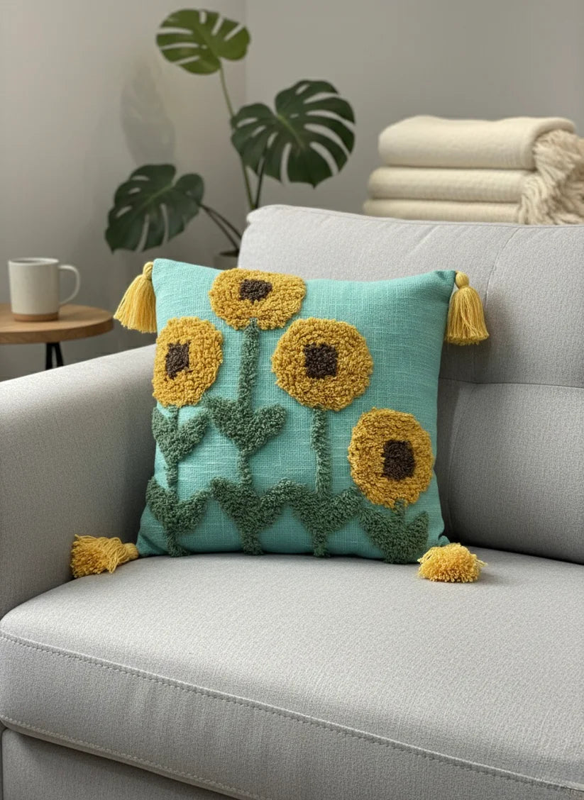Teal Green Sunflower Tufted Cushion Cover