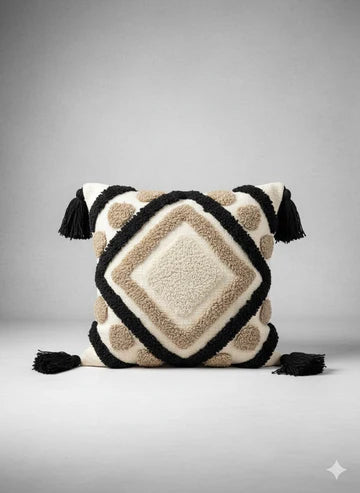 Beige &amp; Black Tufted Cushion Cover