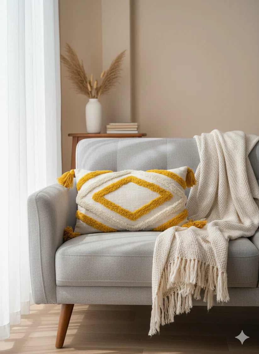 Mustard &amp; White Diamond Tufted Cushion Cover – 12 × 20