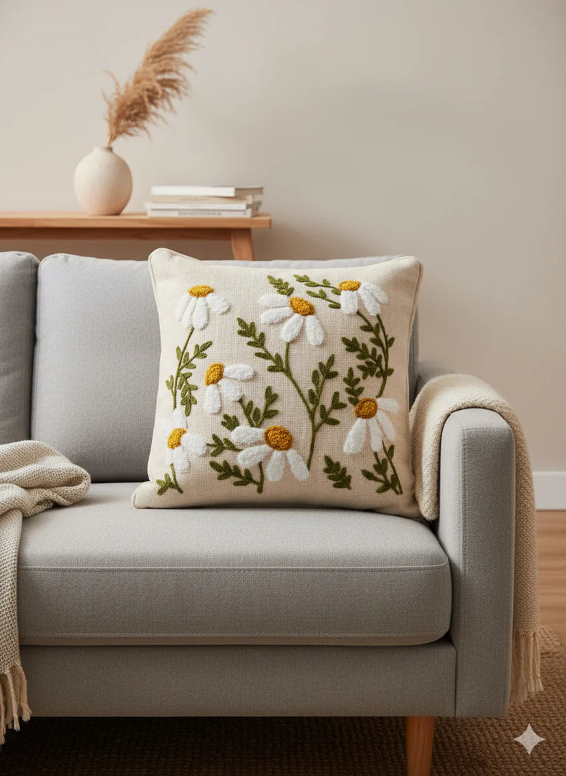 Green &amp; White Tree Embroidered Cushion Cover