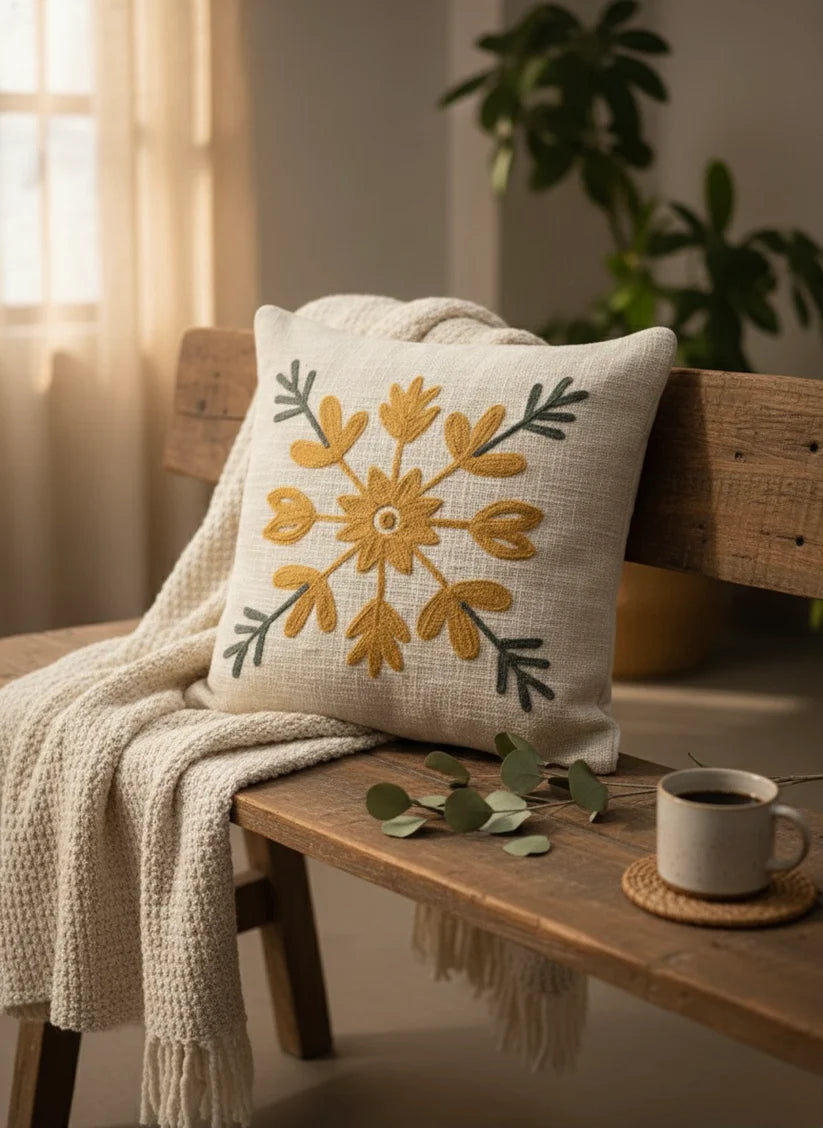 Mustard Grey Embroidered Cushion Cover – 16 × 16