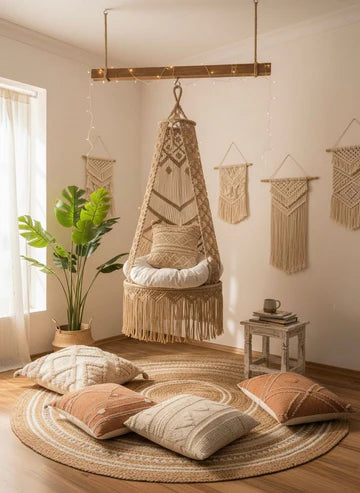 Beige Macramé Swing with Cushion