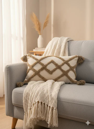 Beige Cross Tufted Cushion Cover