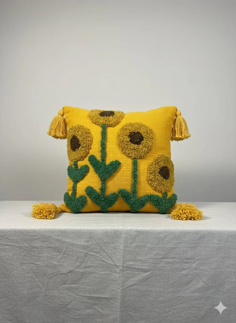 Mustard Sunflower Tufted Cushion Cover