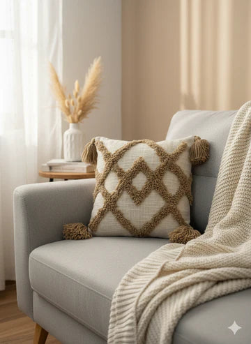 Beige Cross Tufted Cushion Cover – 12x12 Inches