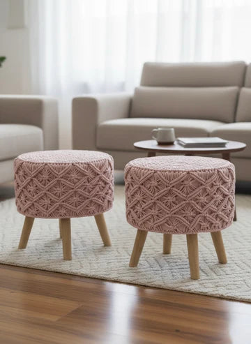 Baby Pink Macrame Ottomans (Pair) – 16 Inches | Boho Chic Seating