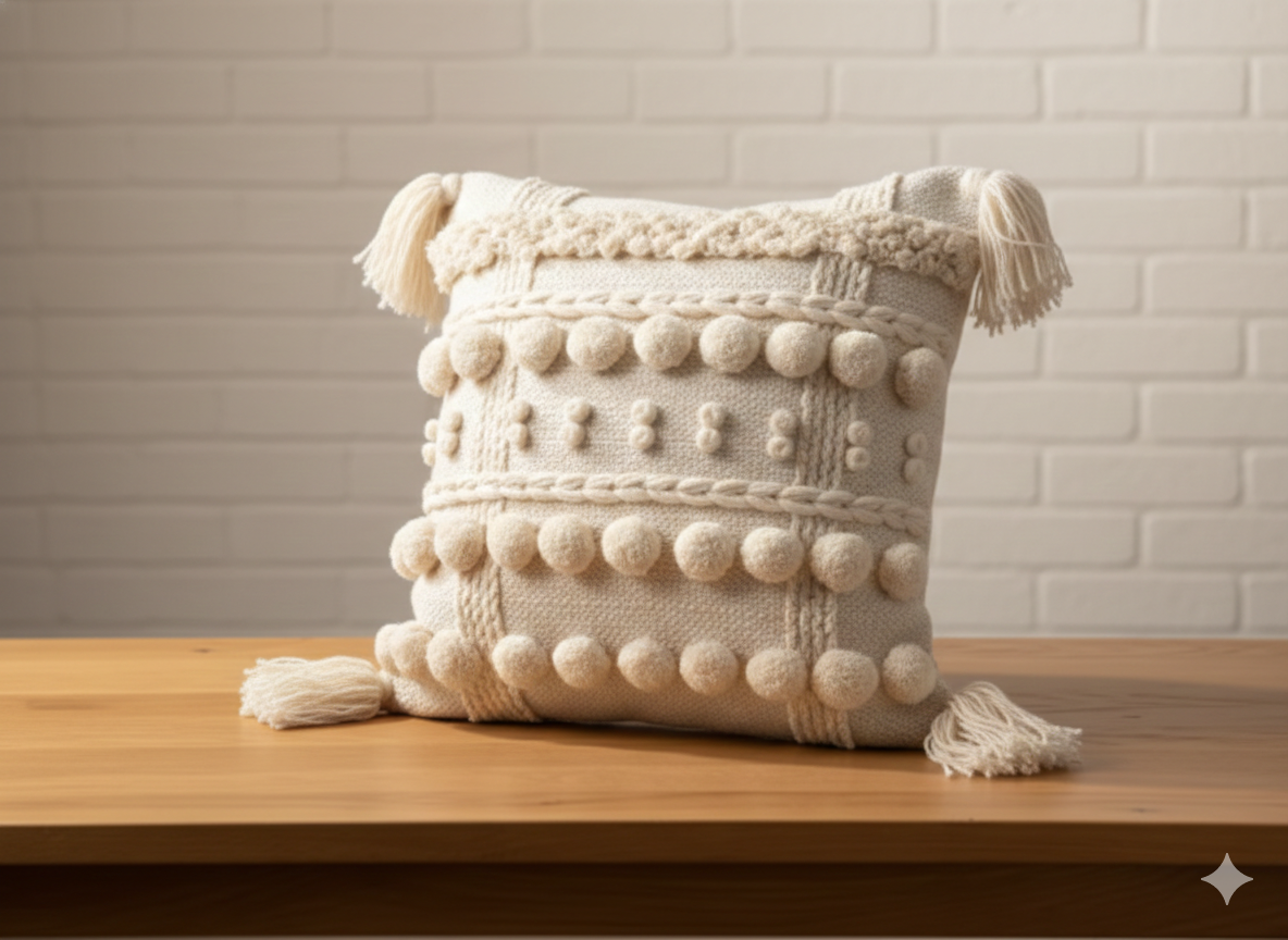 White Frill Cross Boho Cushion Cover – 16 × 16 Inches