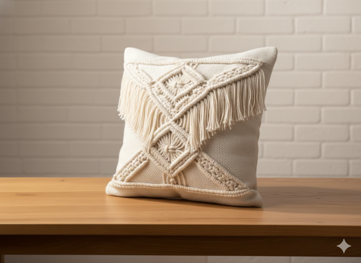 White Frill Cross Boho Cushion Cover – 16 × 16 Inches